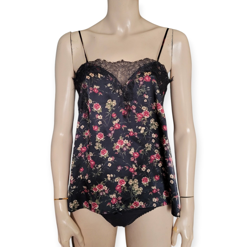 Cami NYC Silk Charmeuse Camisole  Floral Roses Black Lace Trim Small